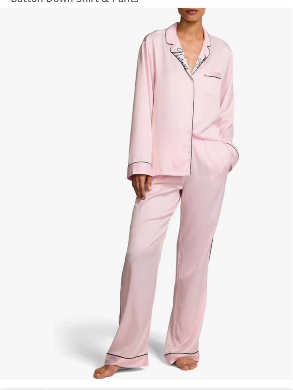 Victoria's Secret Pink Satin Pajama Set with Black Piping